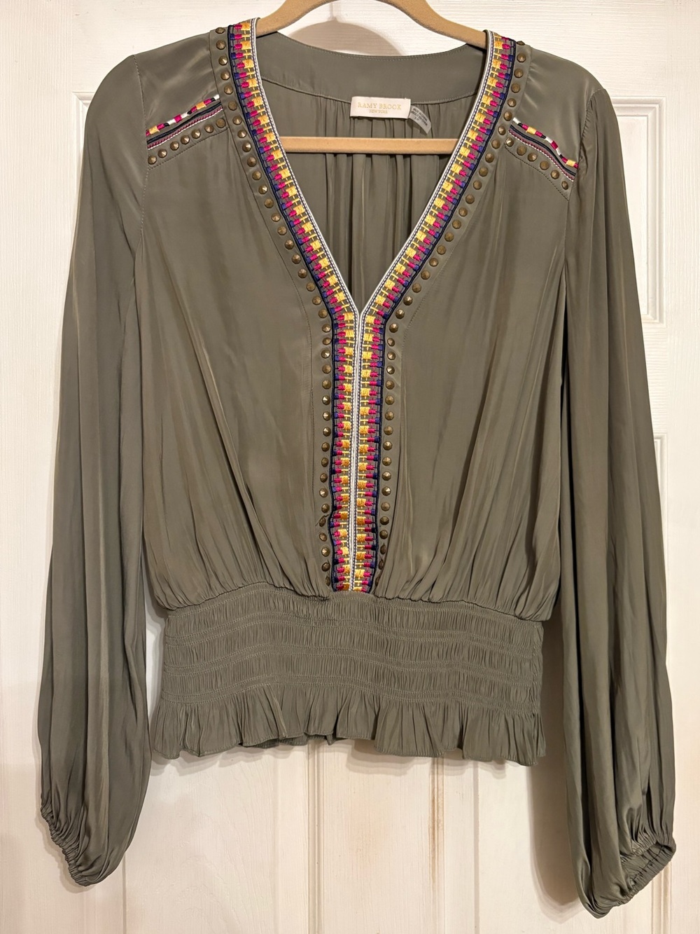 NWOT Ramy Brook Boho Embroidered Peasant Blouse Olive Green Women’s S/P